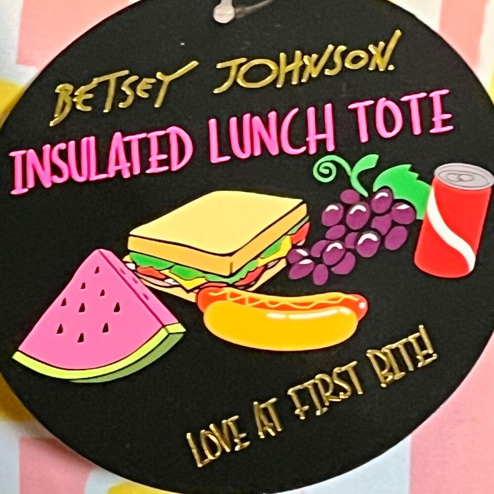 New With Tags! Betsey Johnson Pink Banana Striped Insulated Lunch Tote Bag - Picture 6 of 10